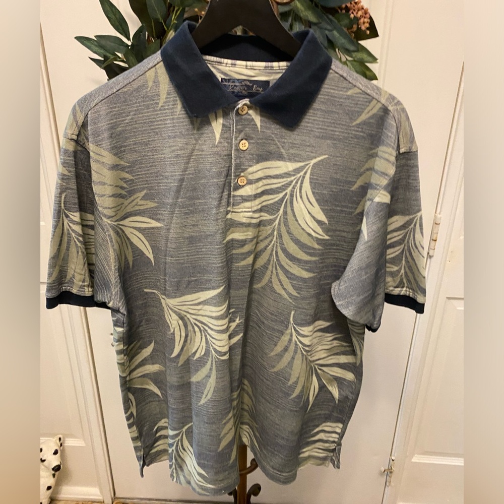 Keeler Bay Muted Colors Tropical Print Palm Leaf Hawaiian Print Polo Shirt SS L